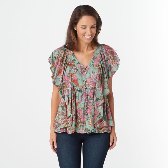 Haute Hippie Tribe Karen Floral Printed Flutter-Sleeve Blouse - Picture 1 of 9